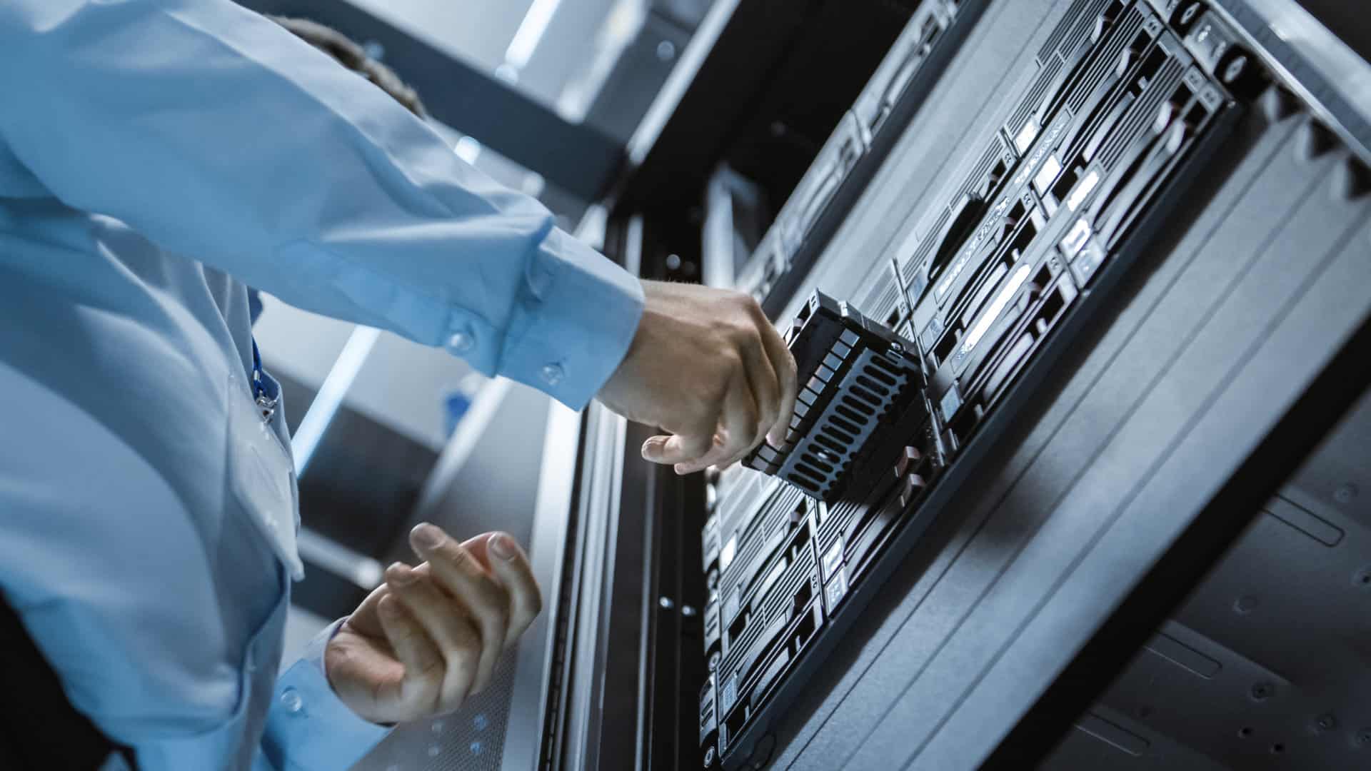 Long Angle Shot In Fully Working Data Center IT Engineer Install